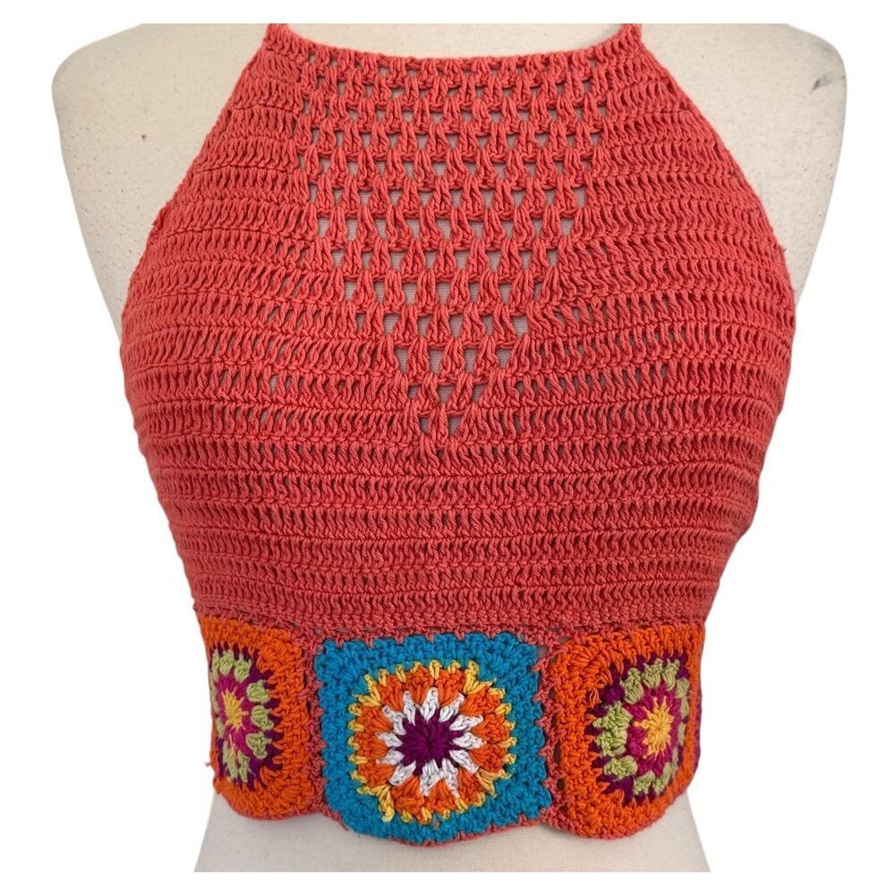 GRANNY SQUARE Knit Crochet Crop Top Boho Hippie Retro Beach Summer Size M/L - Picture 6 of 9